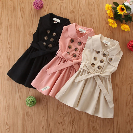 Robe d'été pour bébé fille, tenue princesse décontractée, sans manches, avec ceinture et boutons, tenue de soirée trapèze, vêtements pour enfants de 1 à 6 ans